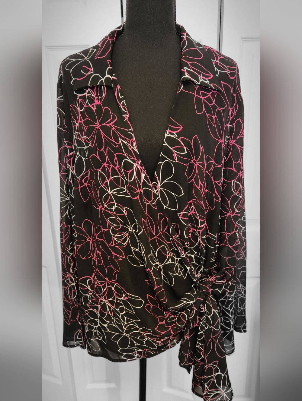 Lane Bryant Black Blouse with Pink and White Floral Outline